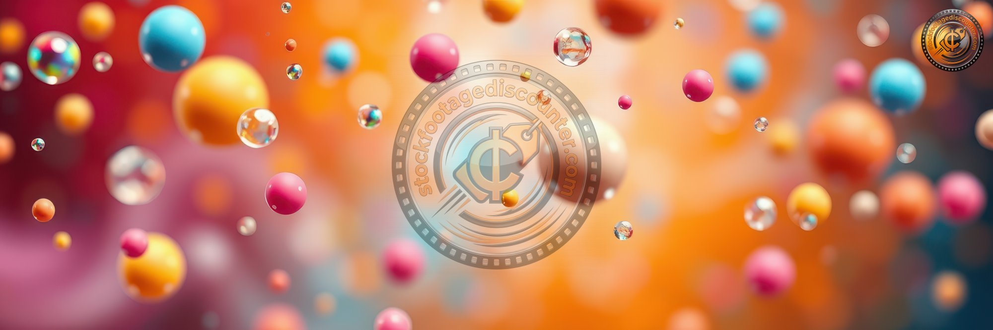 Colorful floating spheres with sparkling droplets create a vibrant abstract background in a dreamy setting