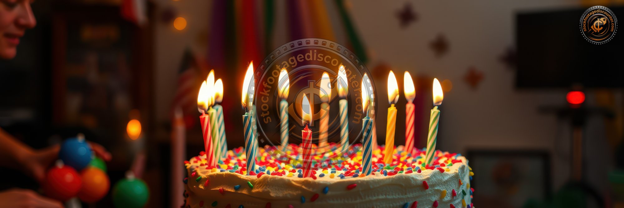 Celebration with a birthday cake topped with candles and colorful sprinkles at a party gathering with family and friends