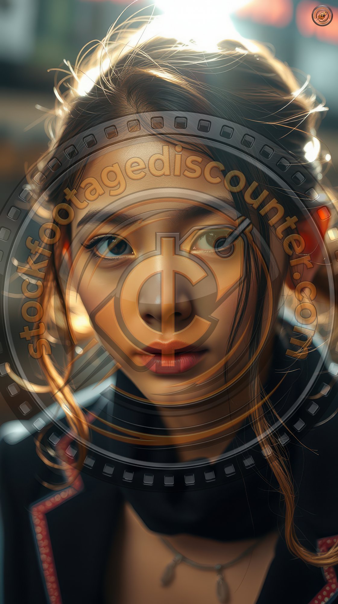 A young woman with long, dark hair gazes intently at the camera in a dimly lit setting