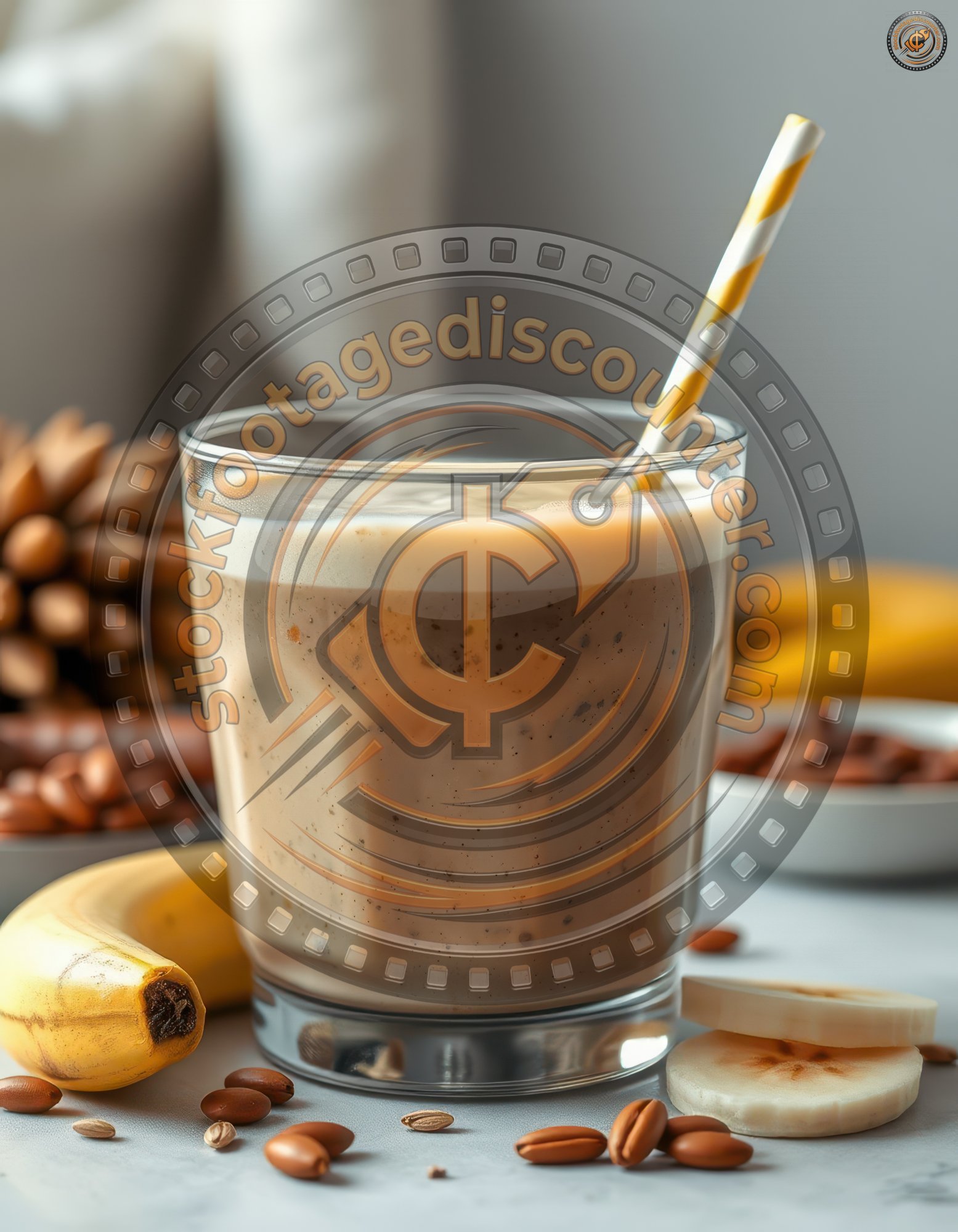 Banana coffee smoothie served in a glass with a straw and coffee beans on a table