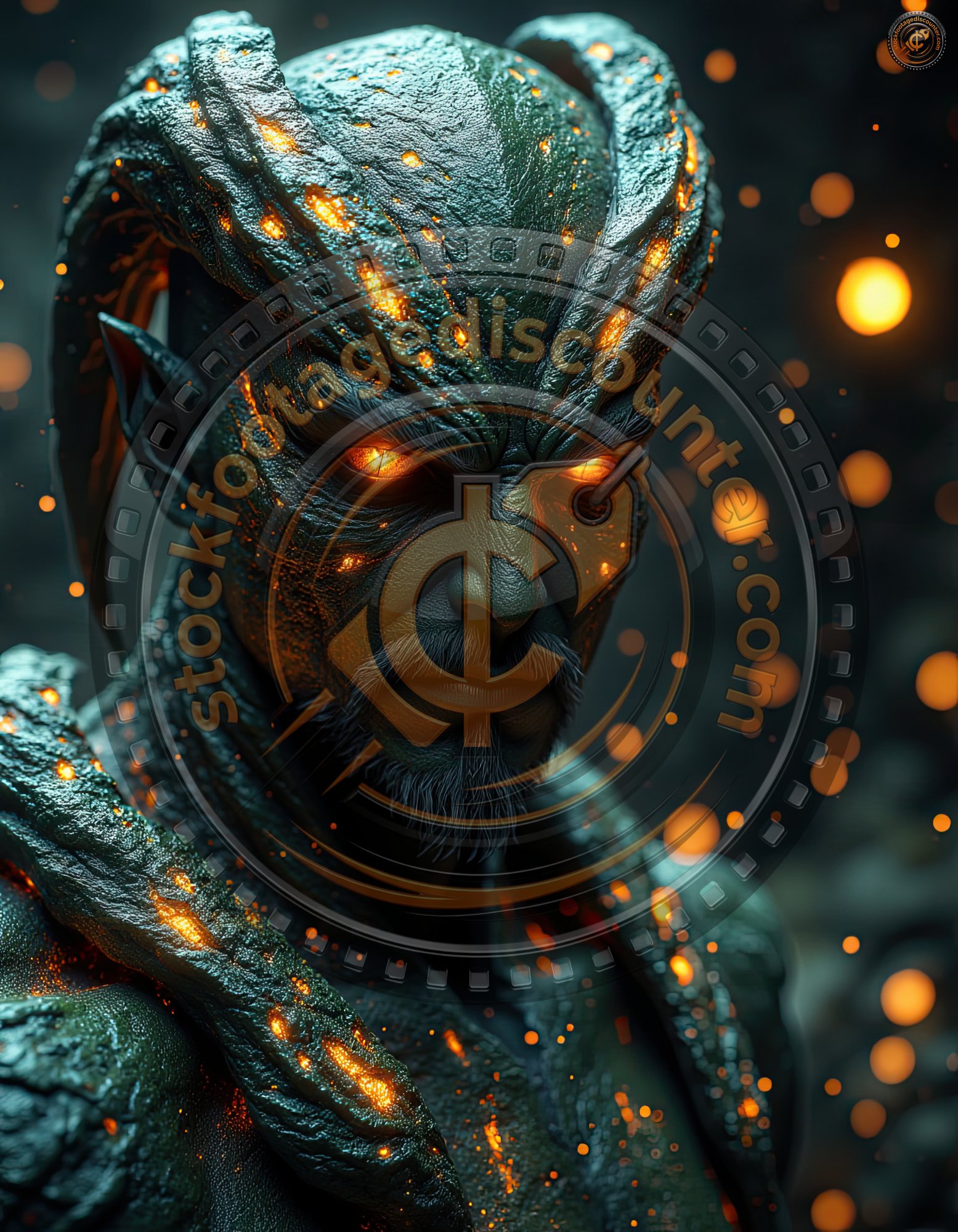 A close-up of a dark, fiery demon with glowing eyes and horns, set against a background of swirling embers