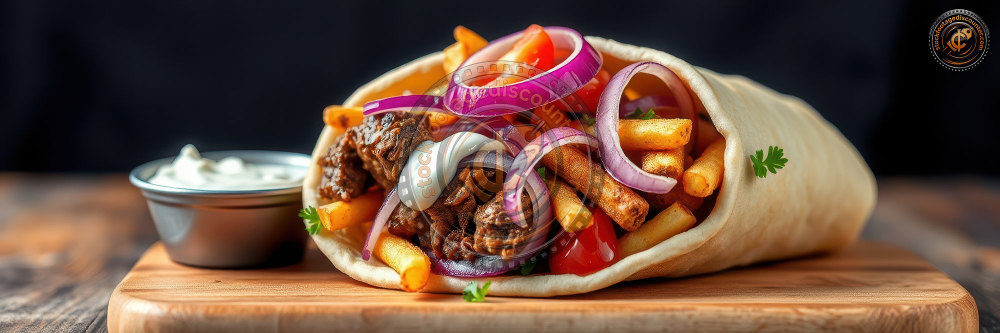 Delicious beef wrap filled with fries, vegetables, and sauce on a wooden board served in a casual dining setting