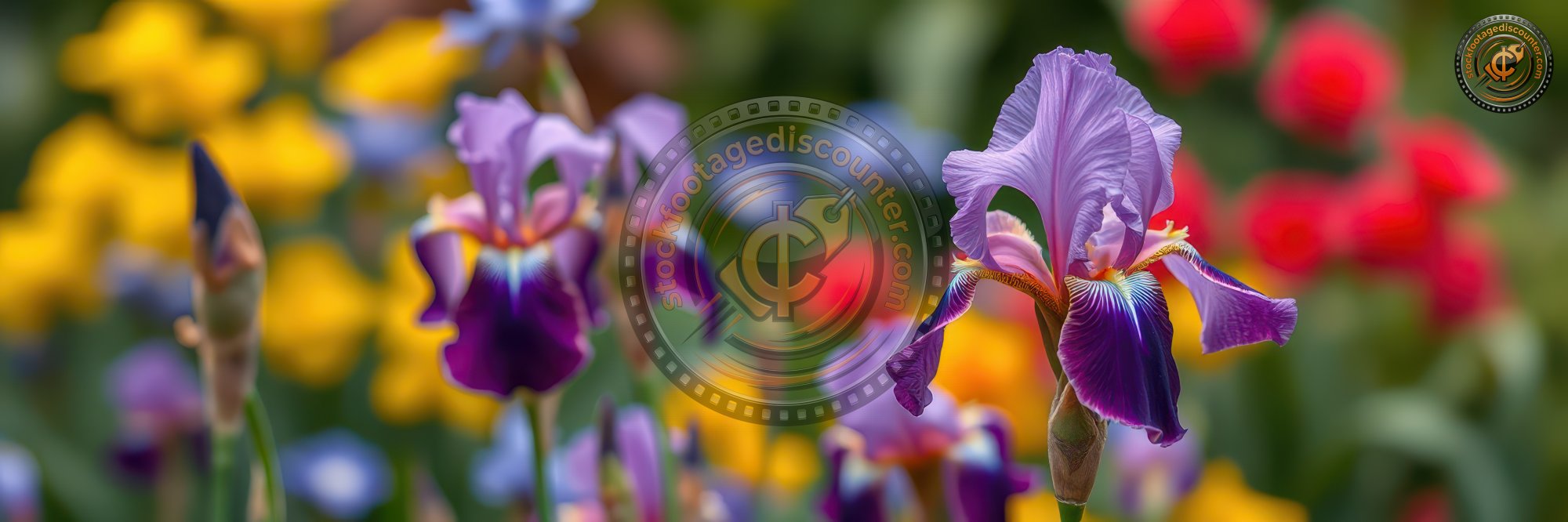 Colorful garden blooms with purple irises surrounded by yellow and red flowers during spring season