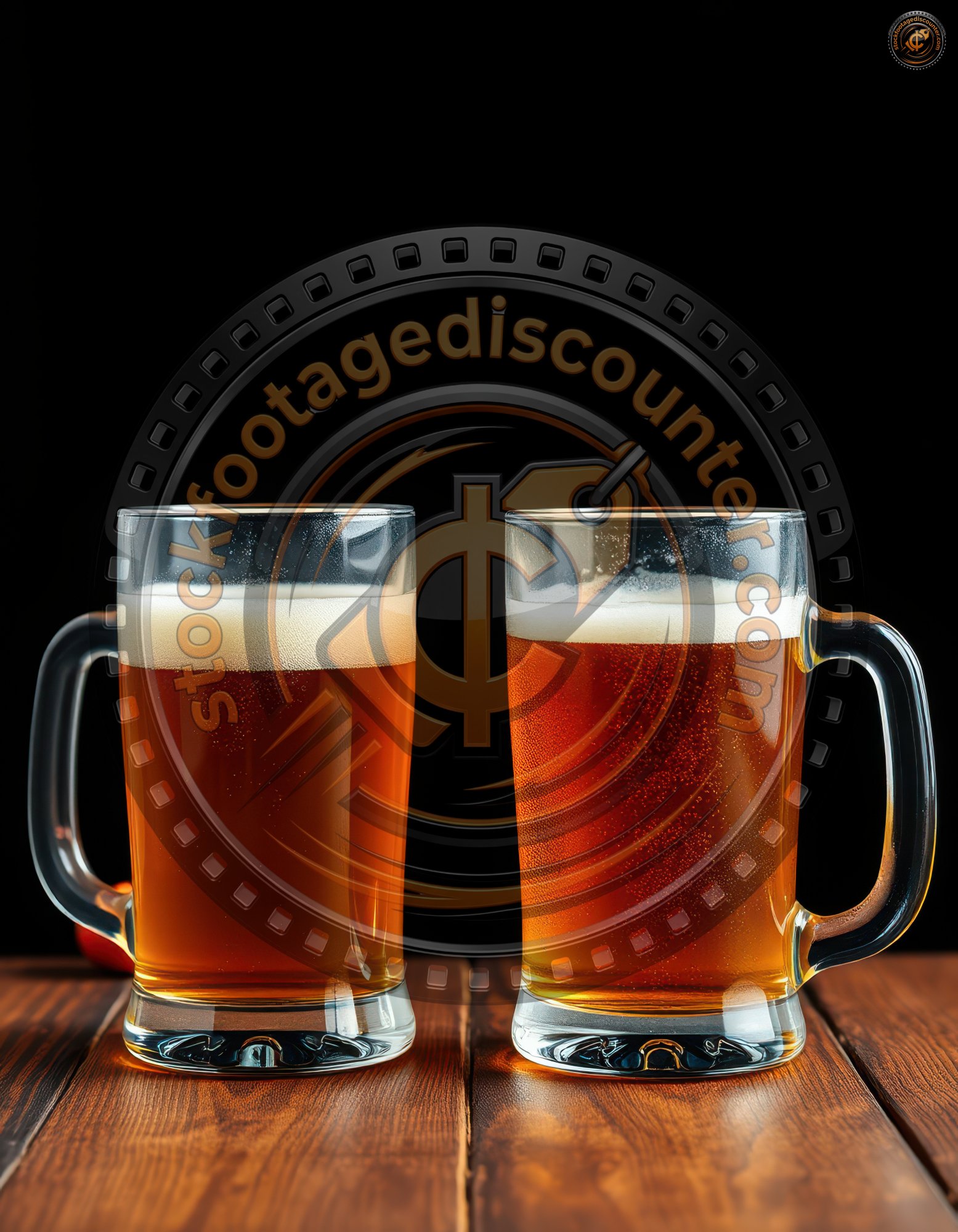 Here's a caption, description, and keywords for the image: Two full mugs of amber beer sit on a dark wood table. A relaxing evening drink