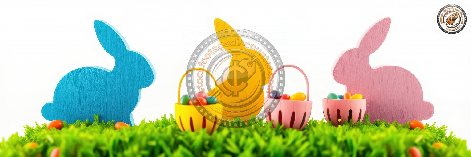 Colorful Easter rabbits with candy-filled baskets in a vibrant grass setting during a spring celebration