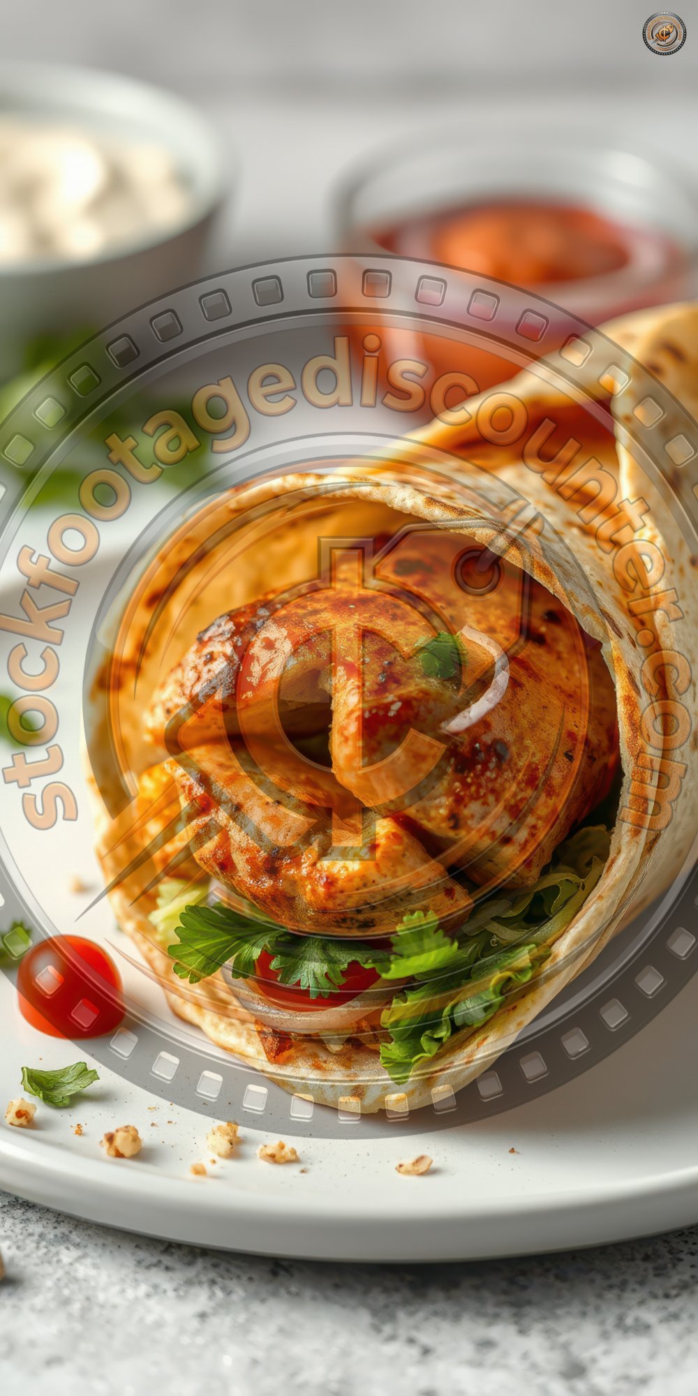 Delicious grilled chicken wrap with fresh vegetables and sauce served on a white plate