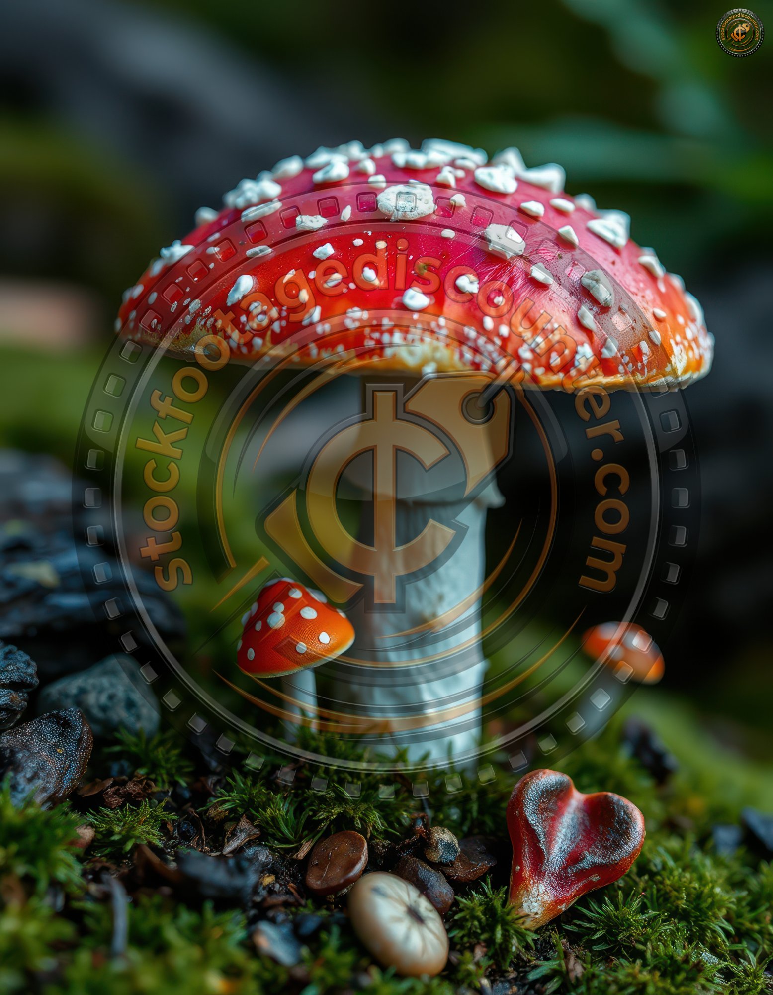 Vibrant red and white mushrooms growing in a lush forest setting during early morning light