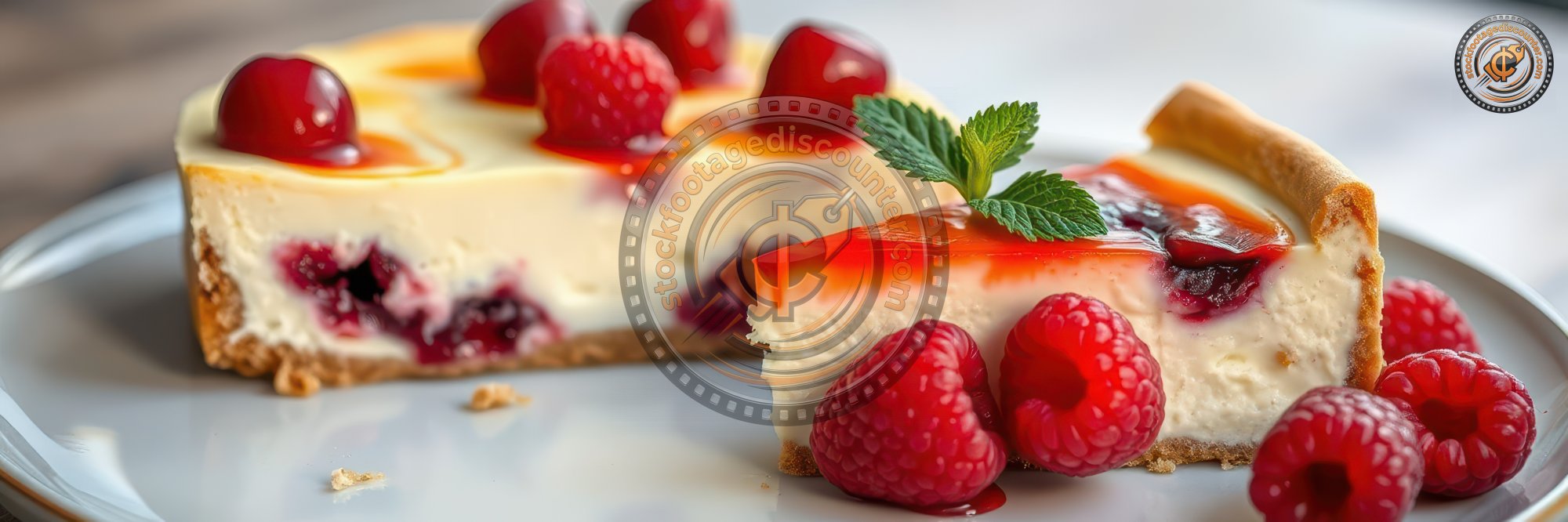 Delicious raspberry cheesecake served on a plate with fresh raspberries and mint garnish