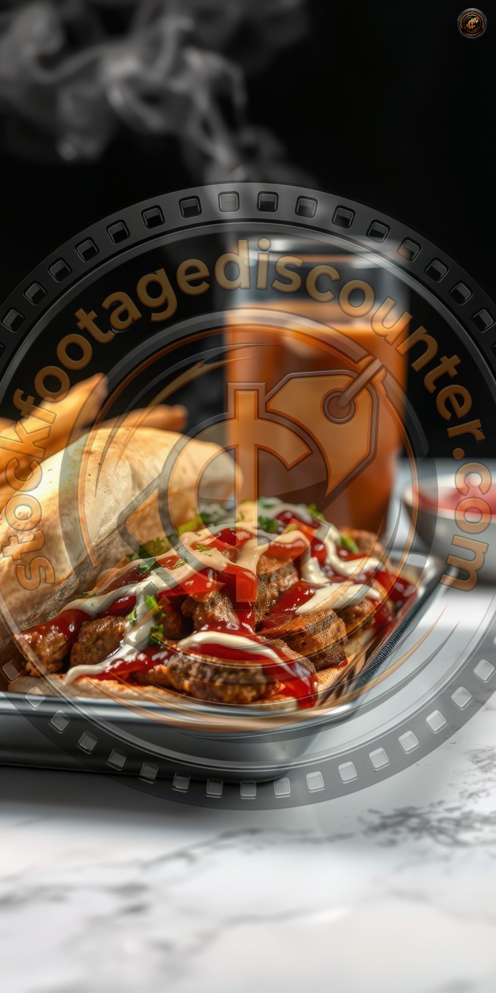 Spicy chicken sandwich with fries and beverage served on a silver tray