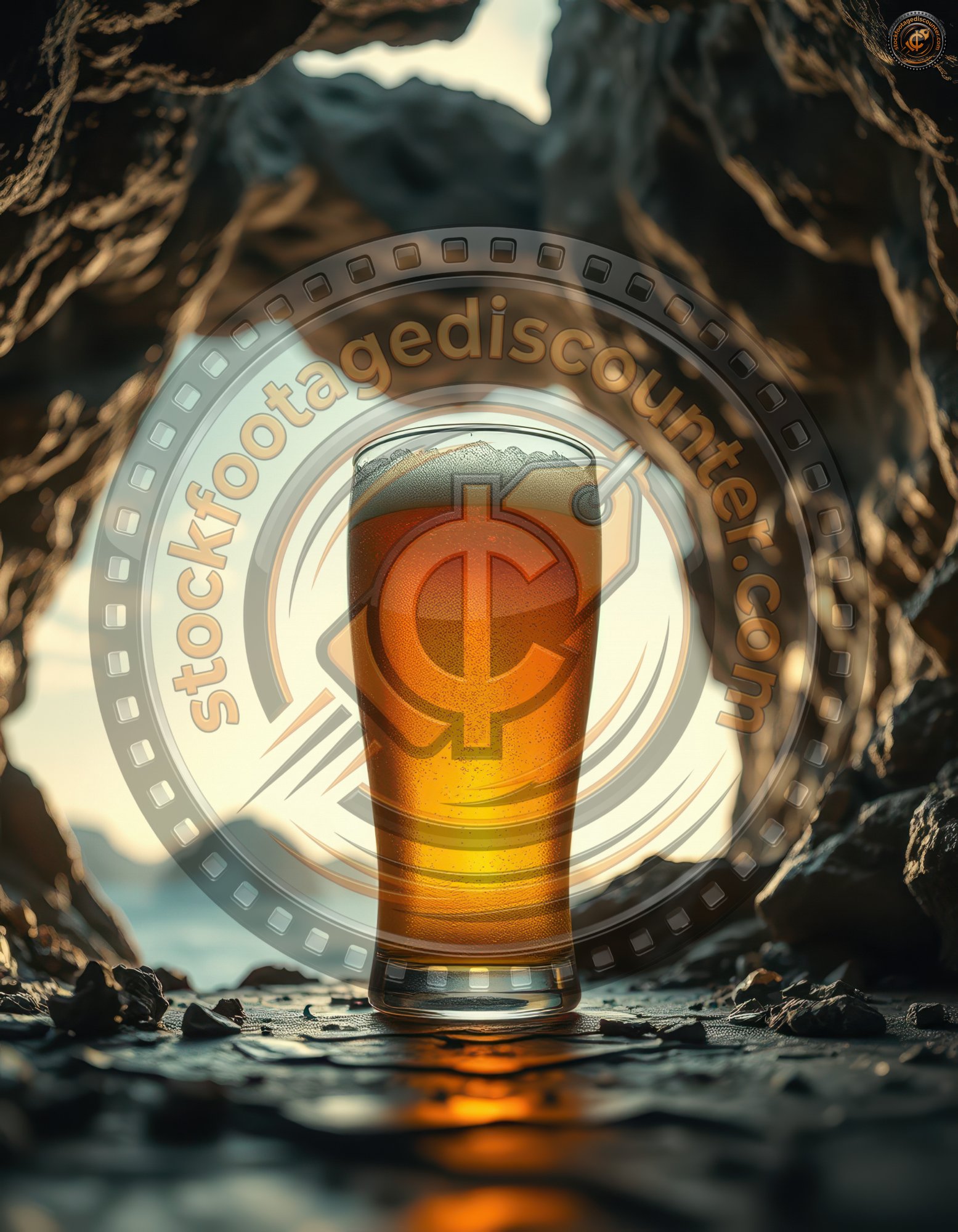 A tall glass of light-colored beer rests on dark rocks within a natural rock cave