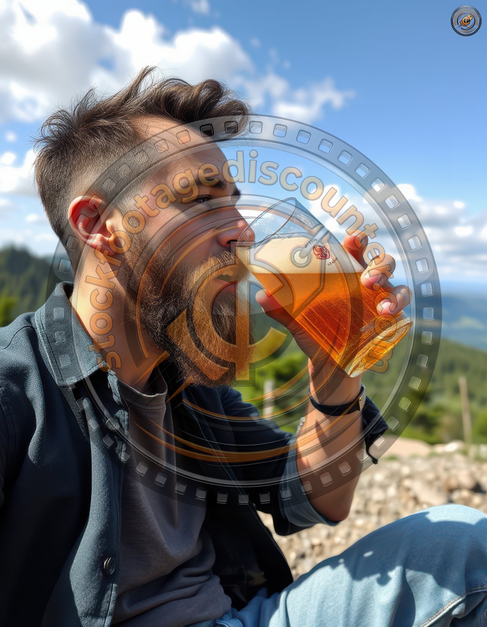 A bearded man, wearing a dark shirt and jeans, sits outdoors on a rocky area