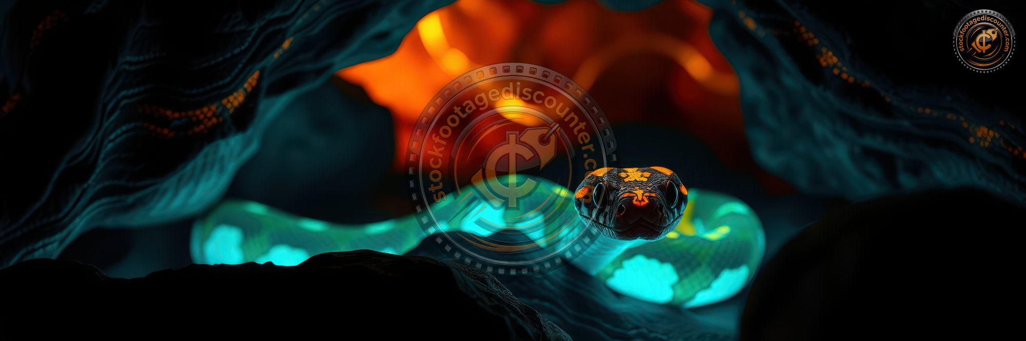 Glowing serpent navigating through a dark cave illuminated by vibrant orange and blue lights