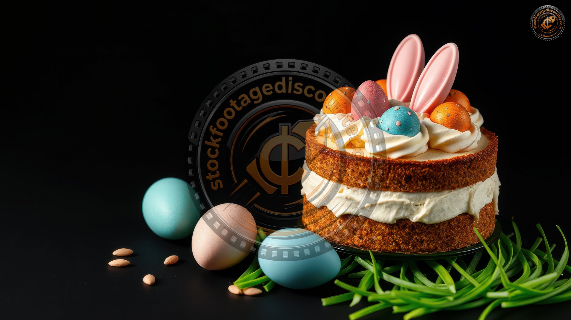 Delightful Easter cake decorated with colorful eggs and bunny ears sitting on a black background