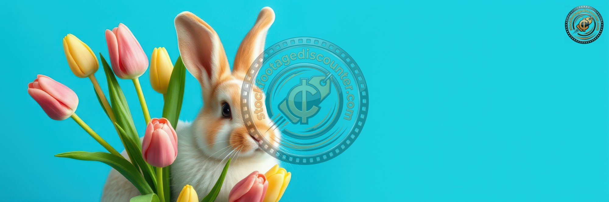 Colorful spring rabbit surrounded by vibrant tulips in a bright blue setting