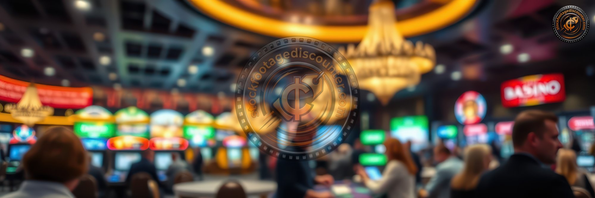 Exciting atmosphere in a bustling casino filled with vibrant slot machines and elegant chandeliers during evening hours