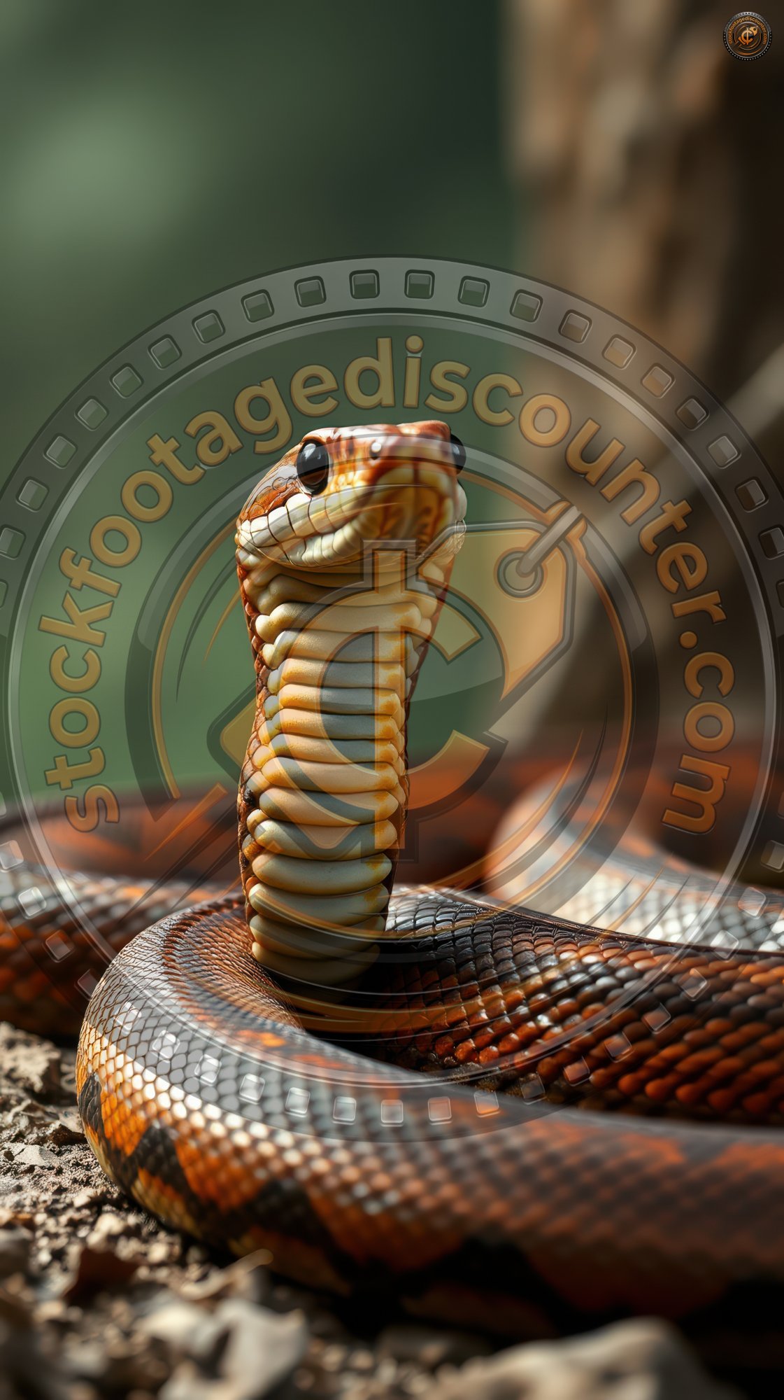 Colorful snake with intricate patterns perched on a rock near vegetation in a natural habitat