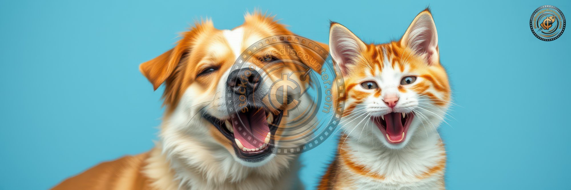 A cheerful golden dog and an orange and white kitten sit side by side, both with open mouths, seeming to laugh