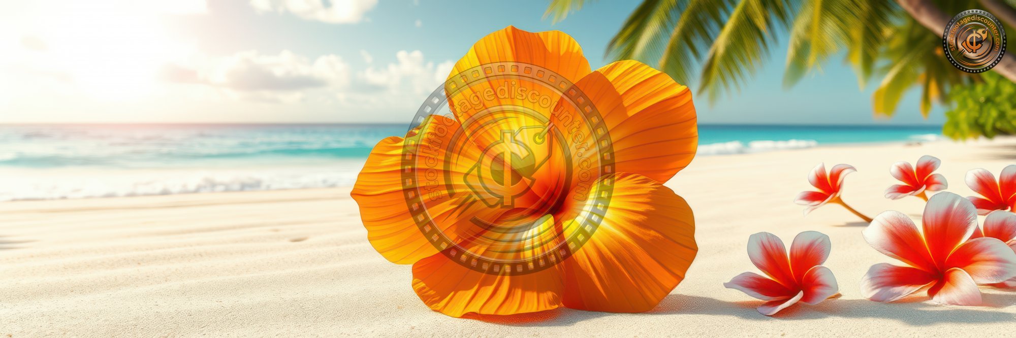 A large orange hibiscus flower sits on a sandy beach near the ocean