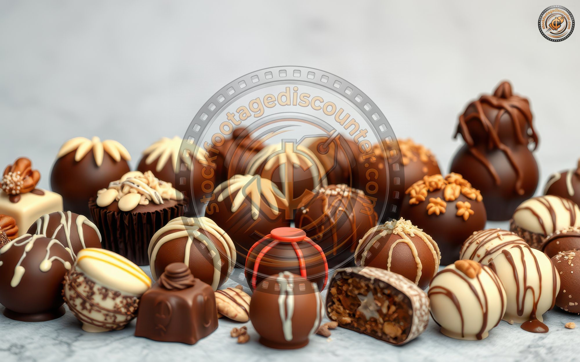 A variety of chocolate truffles are displayed on a light gray surface