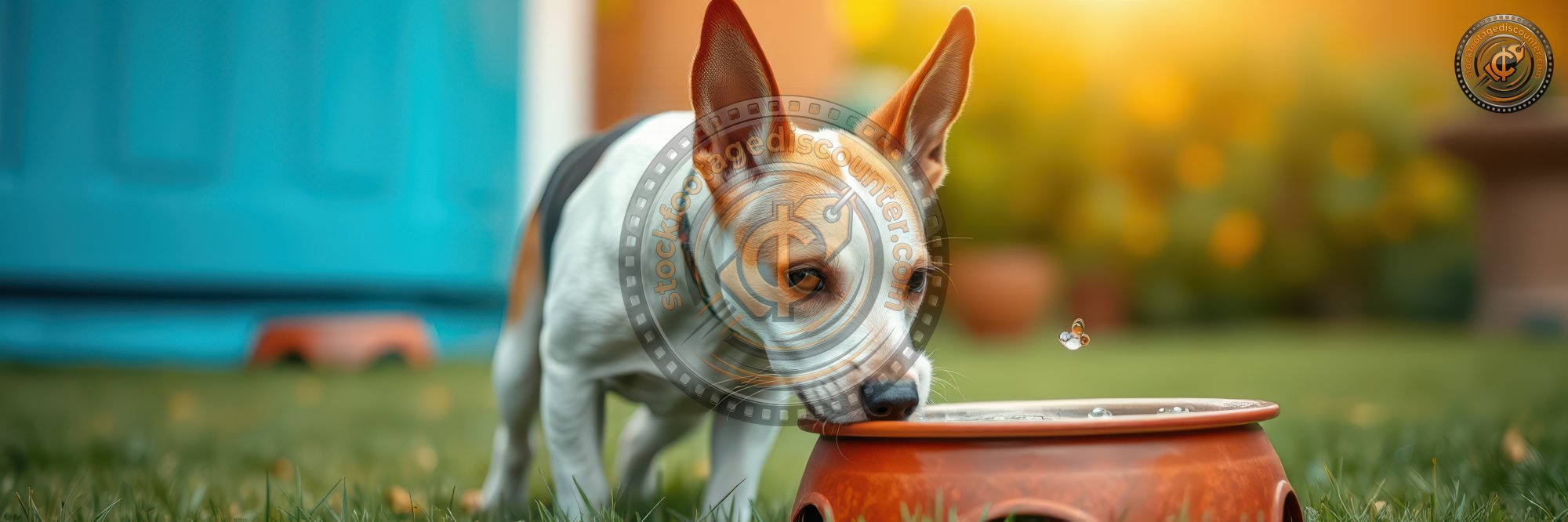A charming small dog, predominantly white with tan markings, is seen quenching its thirst from a rustic terracotta water bowl