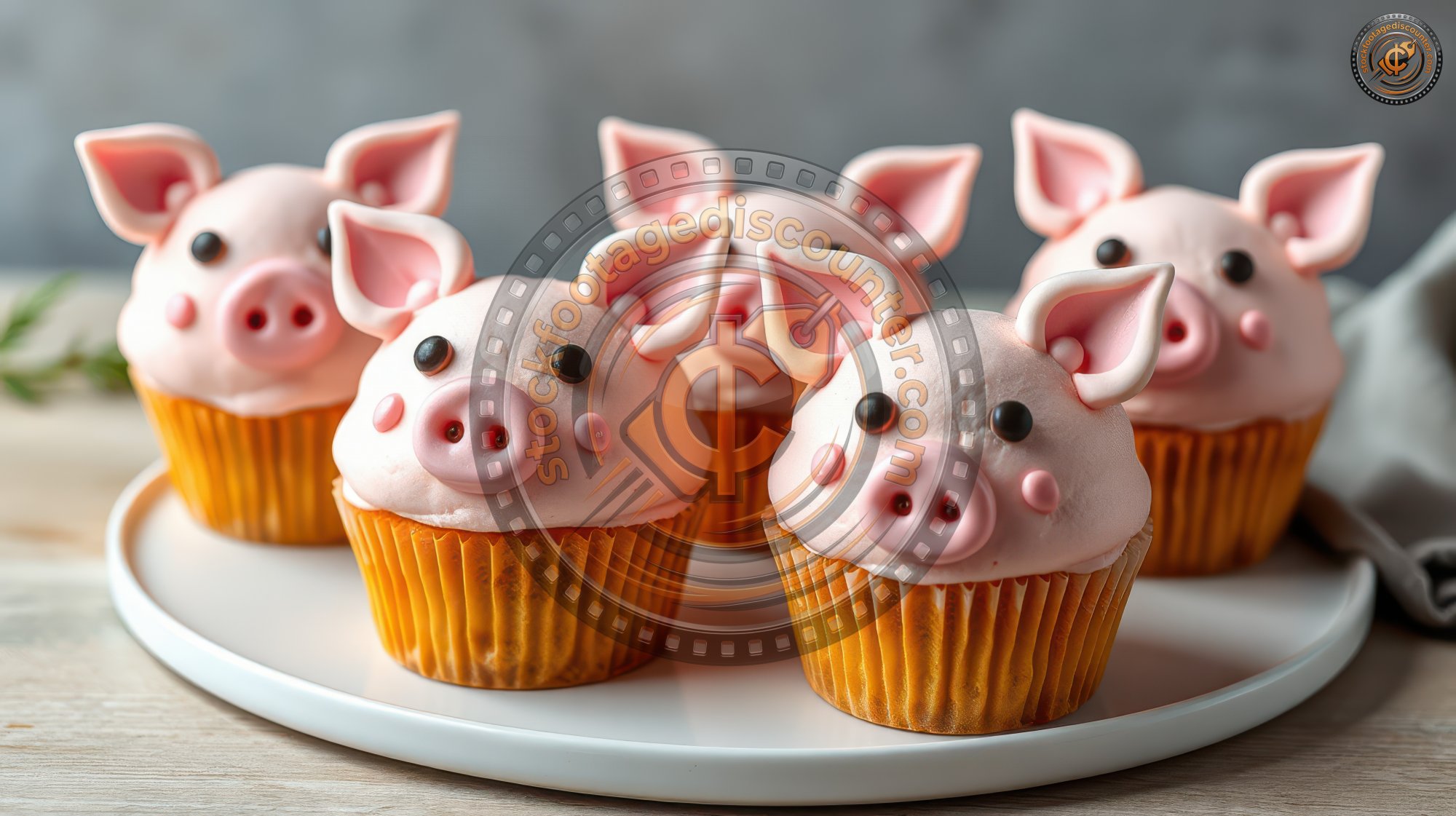 Delightful pig head cupcakes displayed on a white plate, showcasing intricate frosting designs and playful decorations for a festive occasion