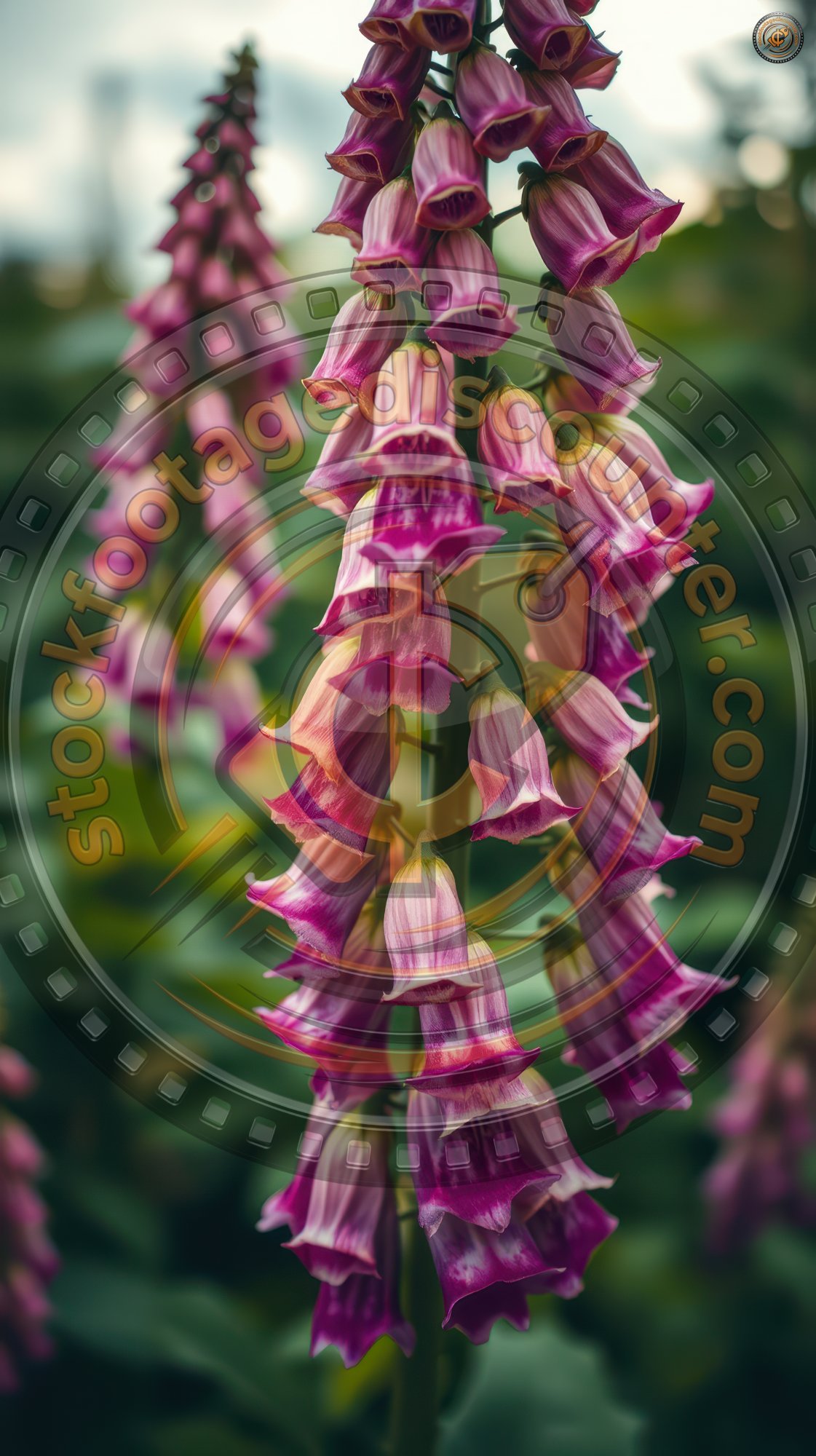 Pink foxgloves bloom in a lush garden, their delicate bells drooping gracefully