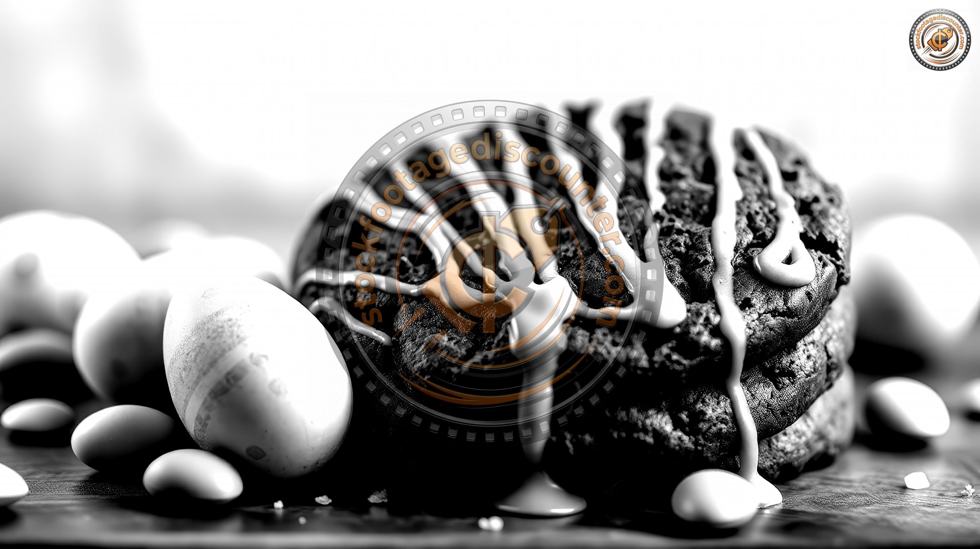 C h o c o l a t e   c o o k i e   w i t h   c a r a m e l   d r i z z l e   a n d   c o l o r f u l   E a s t e r   e g g s   o n   a   w o o d e n   b o a r d   d u r i n g   a   f e s t i v e   s p r i n g   c e l e b r a t i o n