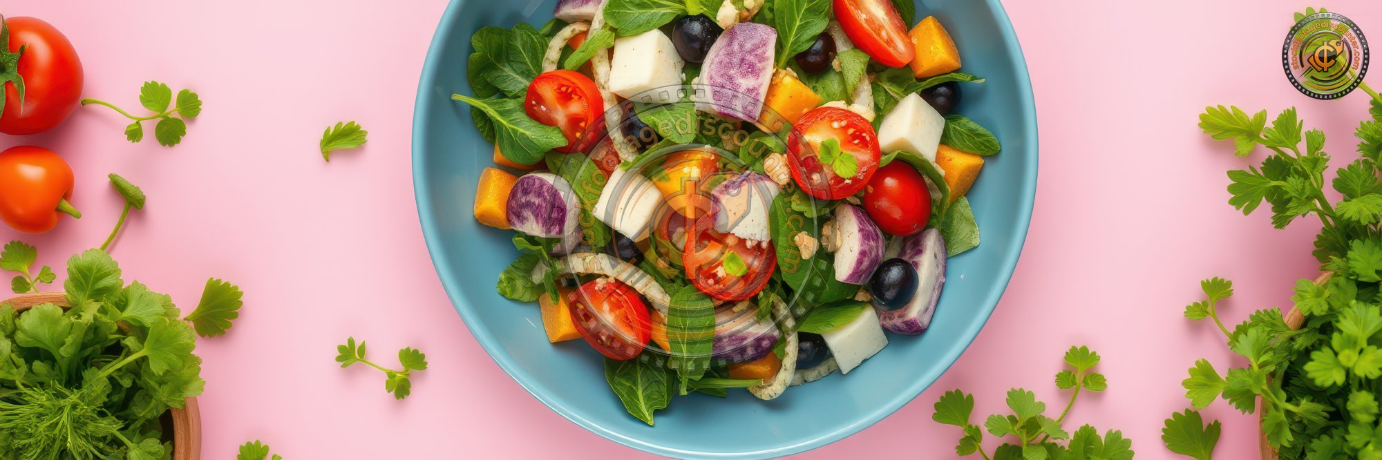 Colorful salad with fresh vegetables and herbs prepared in a bright kitchen