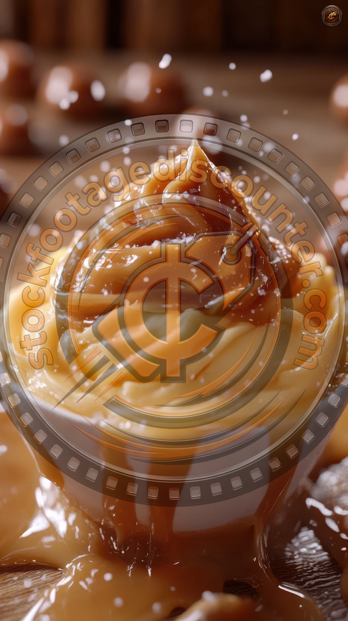 A bowl of caramel-covered dessert is drizzled with more caramel and sprinkled with salt