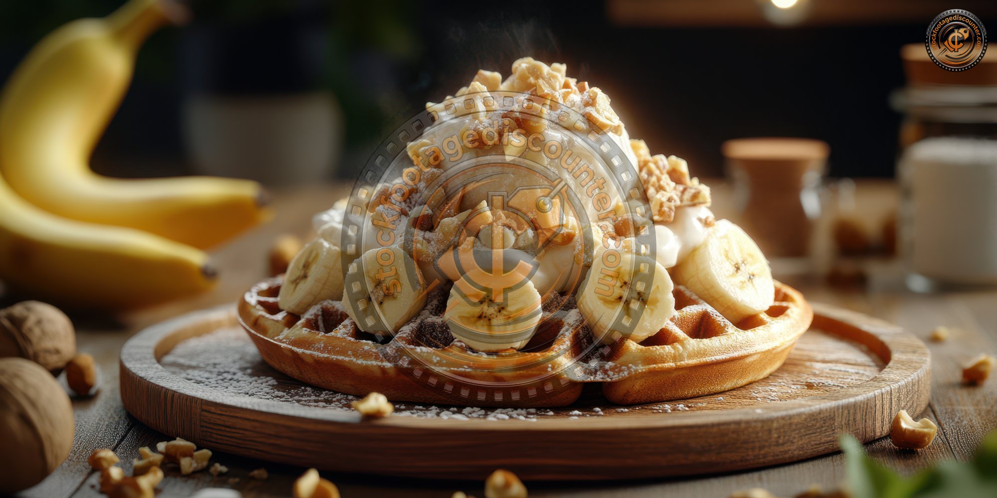 Waffle Topped With Vanilla Ice Cream And Banana Serve On Wooden Plate Over Wooden Table Icecream With Nuts Ultra Realist 1737407024 Gigapixel Standard 6x