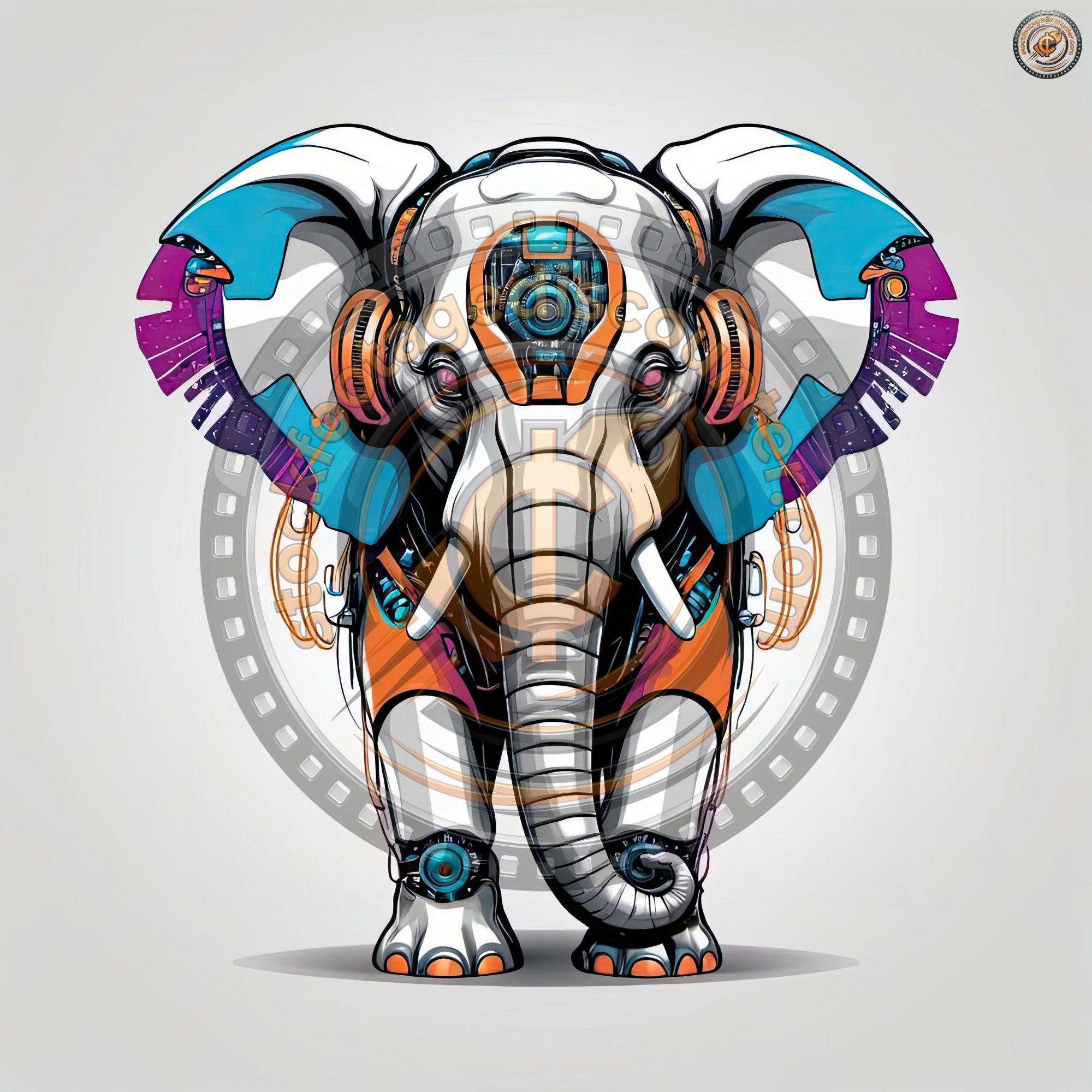A white robotic elephant with colorful details stands in front of a gray background