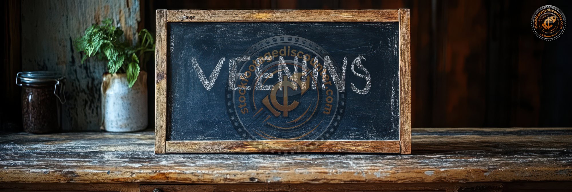 A chalkboard sign with the word VEENINS written on it sits on a wooden table
