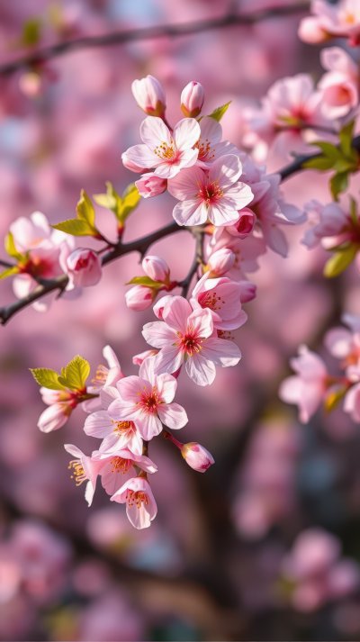 Pink cherry blossoms are in full bloom on a branch, creating a beautiful springtime scene