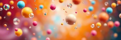Colorful floating spheres with sparkling droplets create a vibrant abstract background in a dreamy setting