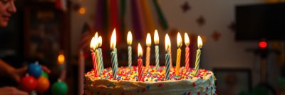 Celebration with a birthday cake topped with candles and colorful sprinkles at a party gathering with family and friends