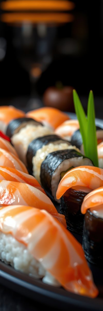 A plate of salmon nigiri and maki sushi sits ready to be enjoyed
