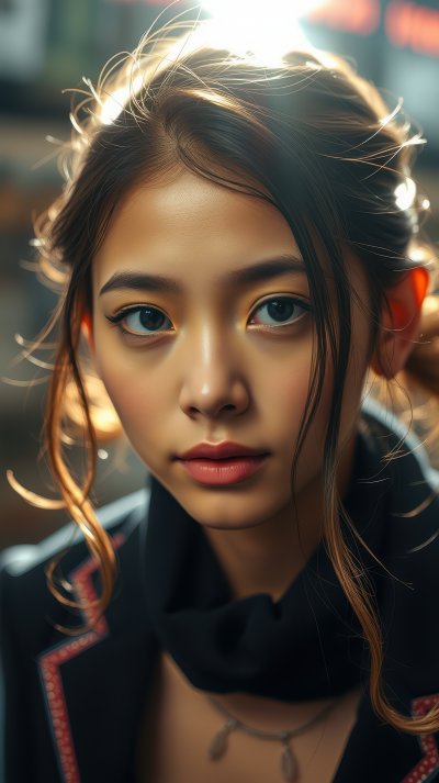 A young woman with long, dark hair gazes intently at the camera in a dimly lit setting