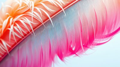 Vibrant pink and orange feather displays intricate details against a soft background
