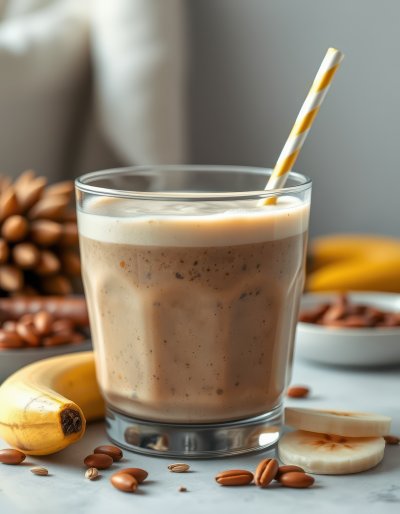 Banana coffee smoothie served in a glass with a straw and coffee beans on a table