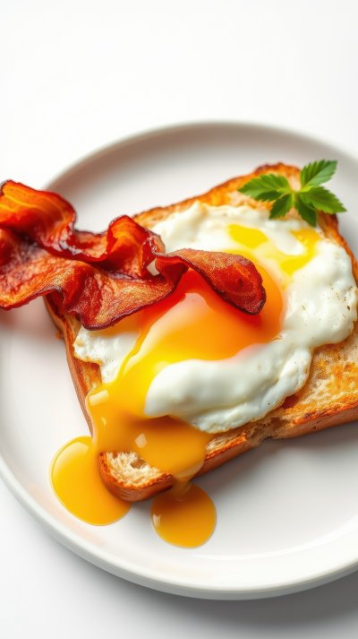 Delicious breakfast of toast topped with fried egg and crispy bacon with a garnish of fresh herb