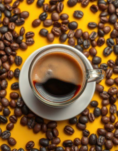 Freshly brewed coffee in a glass cup with roasted beans on a bright background