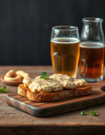 A simple yet appetizing open-faced sandwich is presented on a dark wood cutting board