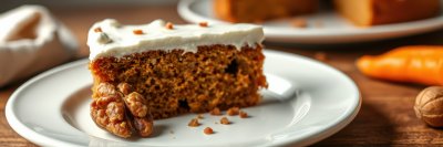 Delicious carrot cake slice with cream frosting served on a white plate in a cozy kitchen setting