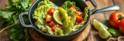 A fresh salad of lettuce, tomato, and lime wedges in a black skillet, ready to be enjoyed on a warm summer day