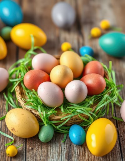 Colorful Easter eggs arranged in a decorative basket surrounded by green grass on a rustic wooden surface