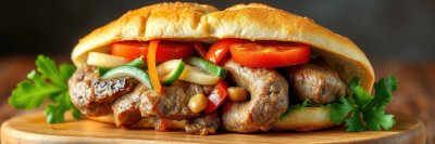 Delicious sandwich filled with grilled meat, fresh vegetables, and herbs on wooden board
