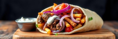 Delicious beef wrap filled with fries, vegetables, and sauce on a wooden board served in a casual dining setting