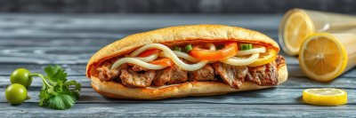 Delicious meat sandwich with fresh vegetables and lemon on wooden tabletop