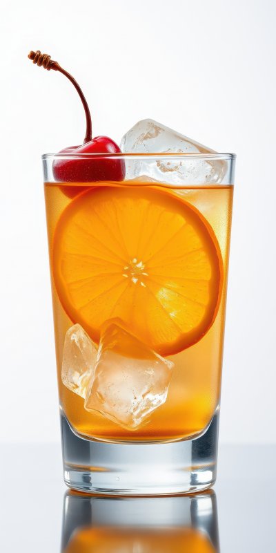 Refreshing cocktail with orange slice and cherry served over ice in a clear glass