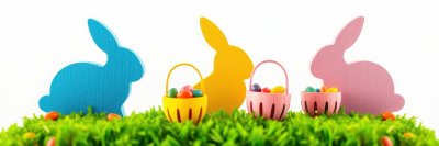 Colorful Easter rabbits with candy-filled baskets in a vibrant grass setting during a spring celebration